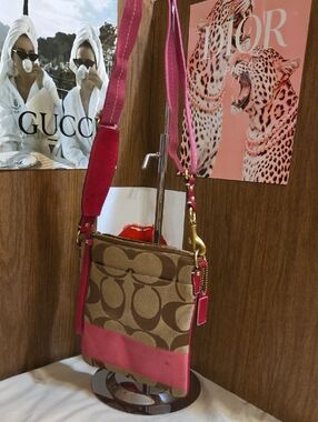 Coach Canvas Crossbody Bag in Brown and Pink Leather Trim